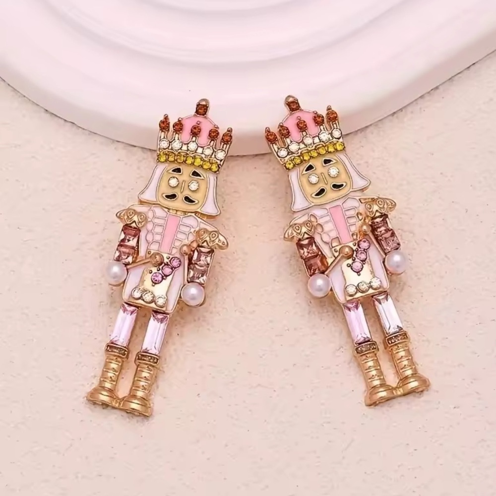 Pink Nutcracker Earrings – Holiday Statement Jewelry with Crystals & Pearls - Picture 3 of 8